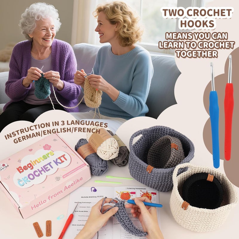 Aeelike 27PCS Crochet Basket Kit for Beginners (L&S), Complete Crocheting Basket for Storage, Knitting Starter Set with Instruction, Beginner Crochet Kit Crocheting Gift for Home Decor - Image 4